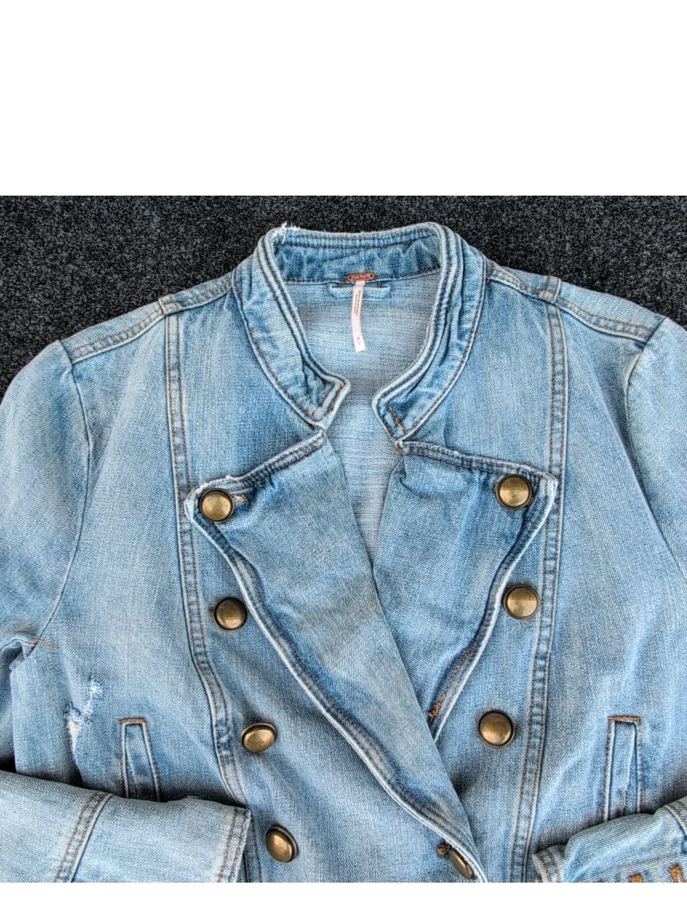 Free People Denim Jacket Womens Medium Blue Ferry Frayed Jean Military Motto